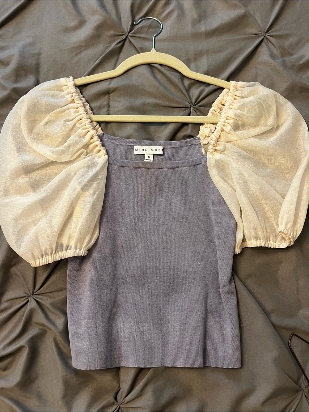 Miou Miou Lavender Knit Top with Cream Sheer Puff Sleeves